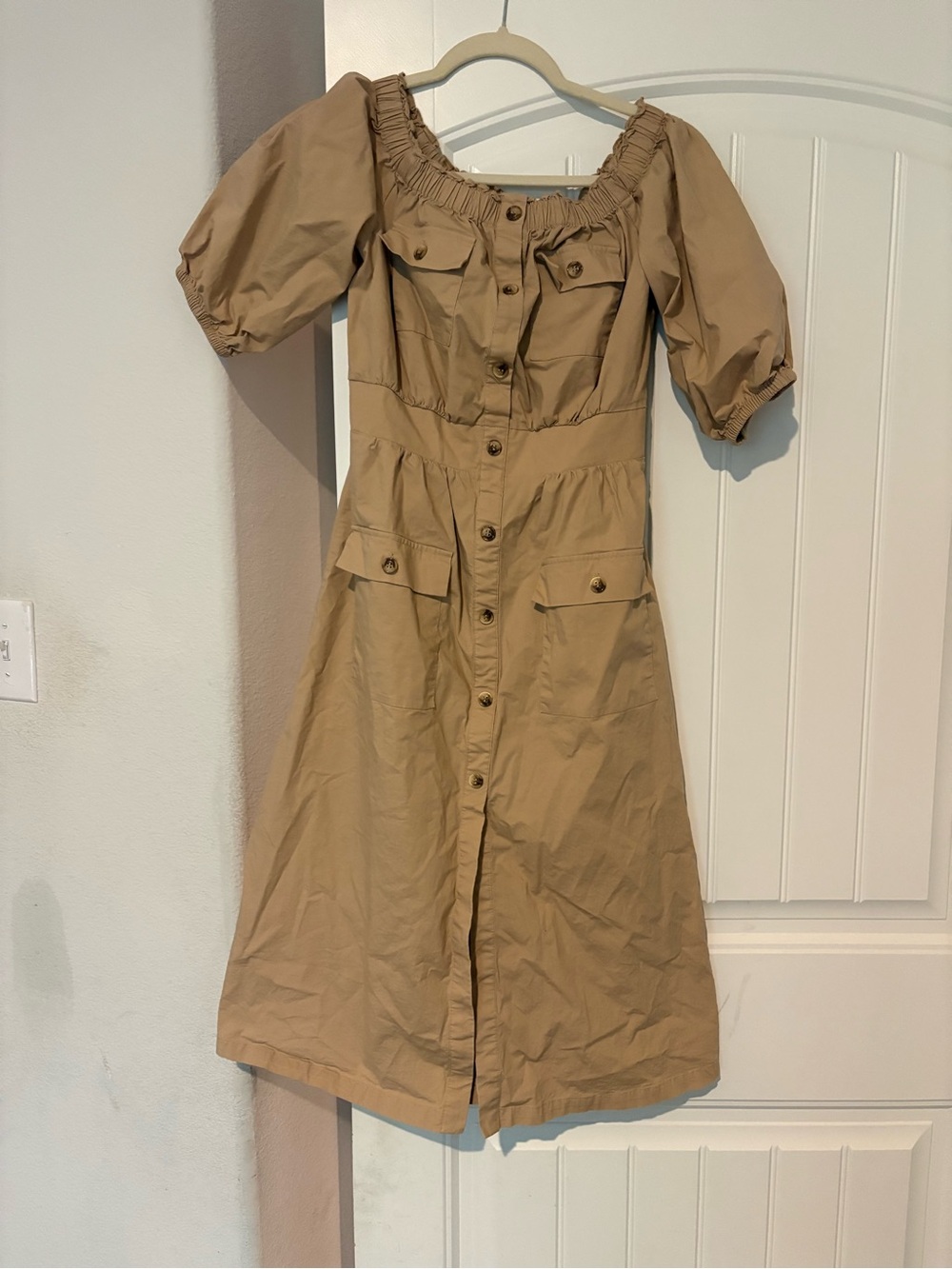 Tan Button-Front Puff Sleeve Maxi Dress with Utility Pockets